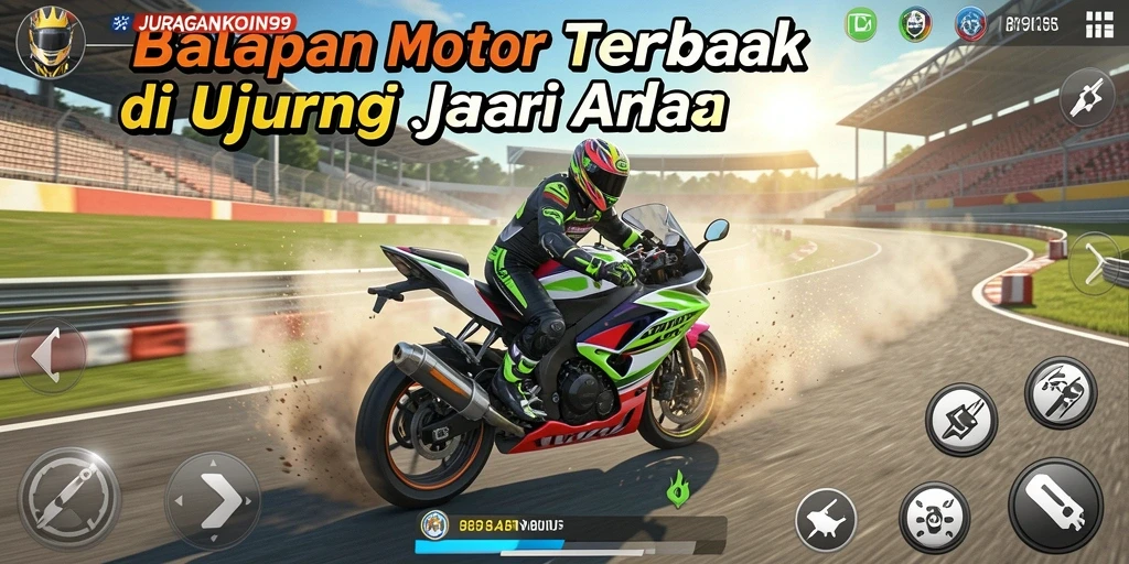 Tampilan gameplay mendebarkan di JURAGANKOIN99 dengan balapan motor yang seru.