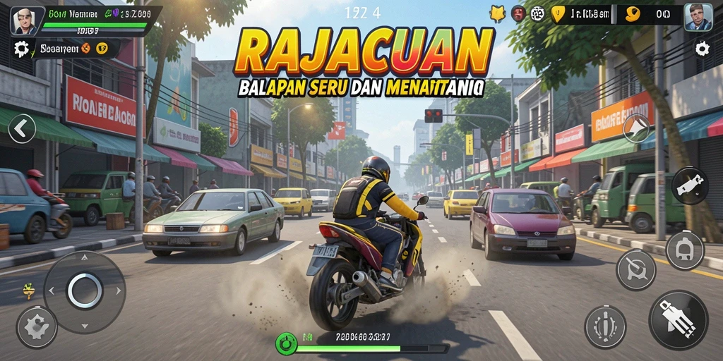 Tampilan utama gameplay RAJACUAN dengan balapan seru di jalanan.