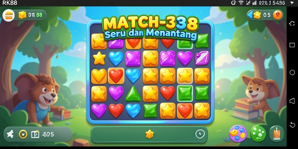 Screenshot RK88 menampilkan gameplay Match-3 yang seru dan penuh warna.